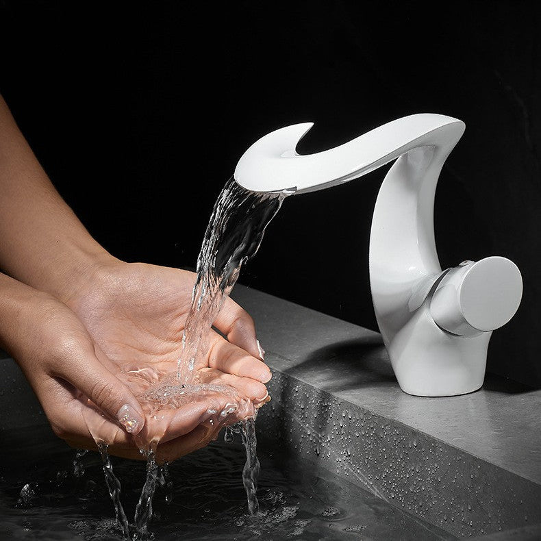 Curve Waterfall Basin Mixer · Pearl White — Arc Series · Form 05