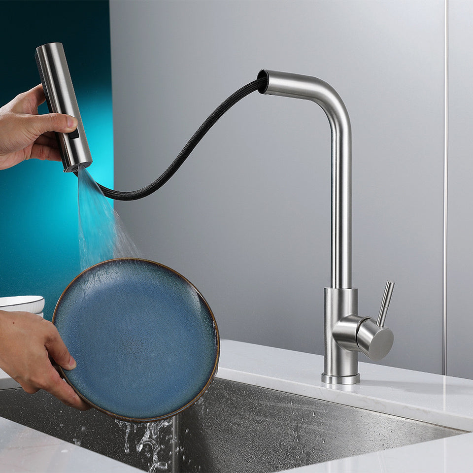 Multi-Mode Waterfall Kitchen Mixer · Brushed Steel  — Origin Series · Form 04