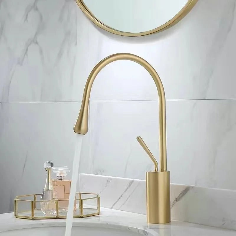 Gooseneck Basin Mixer · Brushed Gold — Arc Series · Form 08