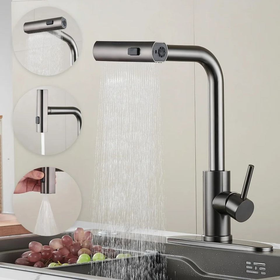 Multi-Mode Waterfall Kitchen Mixer · Brushed Steel  — Origin Series · Form 04