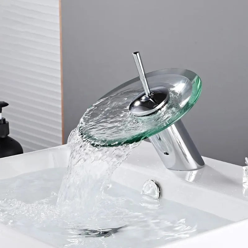Glass Disc Waterfall Basin Mixer · Polished Chrome — Origin Series · Form 10