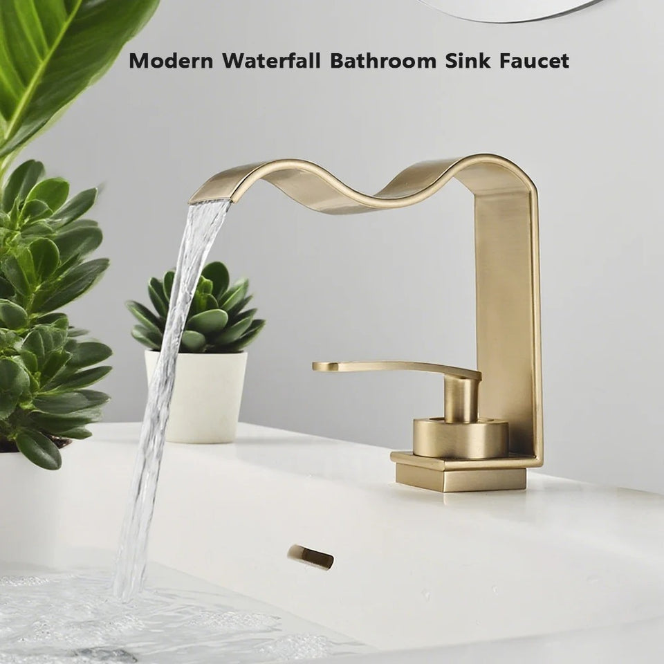 Wave Waterfall Basin Mixer · Brushed Gold — Arc Series · Form 02