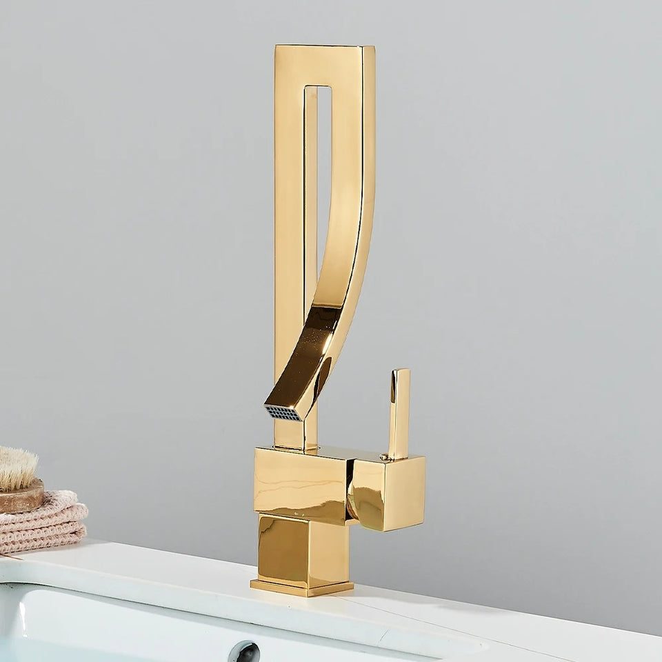 Sculpted Waterfall Basin Mixer · Polished Gold  — Origin Series · Form 05