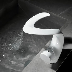 Curve Waterfall Basin Mixer · Pearl White — Arc Series · Form 05