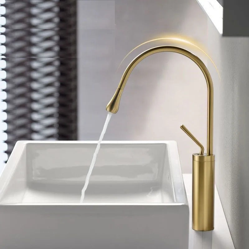 Gooseneck Basin Mixer · Brushed Gold — Arc Series · Form 08