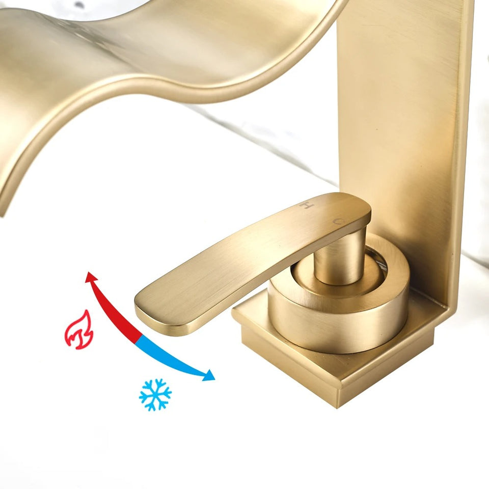 Wave Waterfall Basin Mixer · Brushed Gold — Arc Series · Form 02