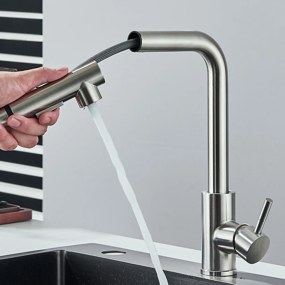 Architectural Pull-Out Kitchen Mixer · Brushed Steel — Origin Series · Form 03