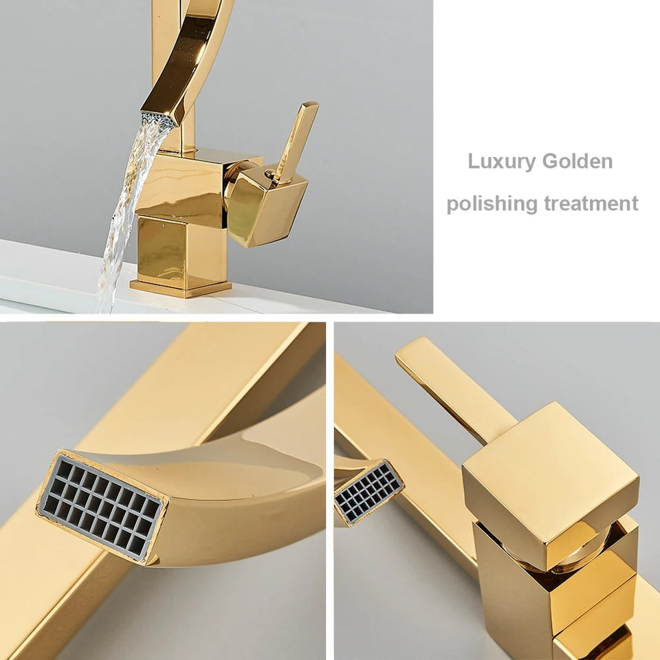 Sculpted Waterfall Basin Mixer · Polished Gold  — Origin Series · Form 05