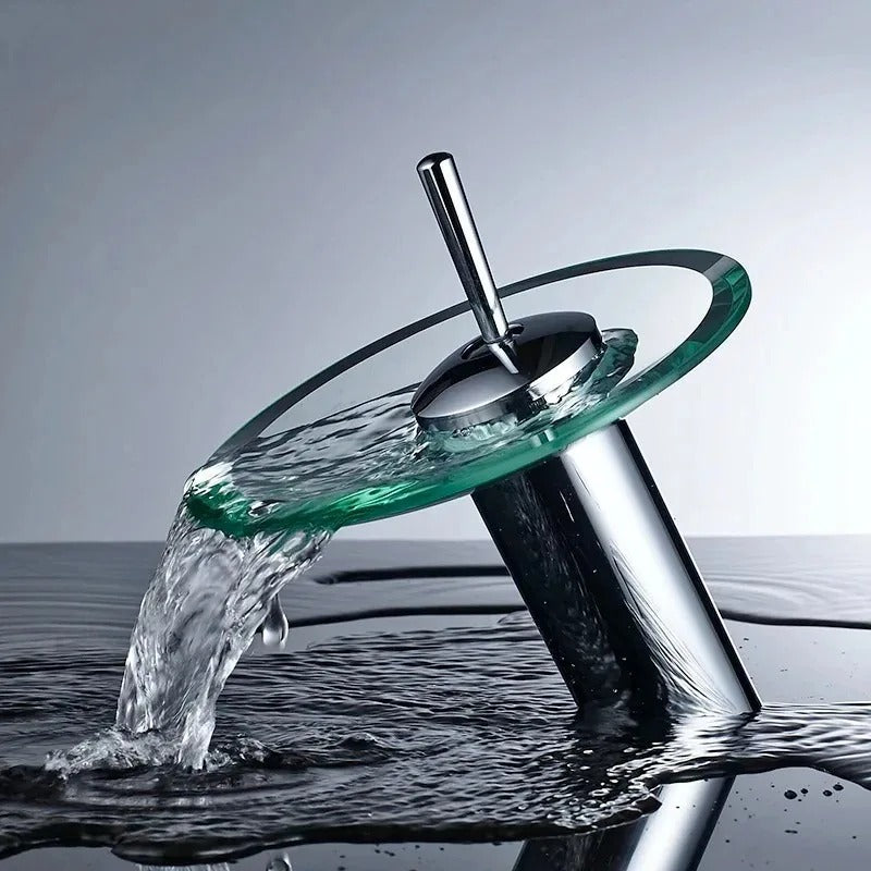 Glass Disc Waterfall Basin Mixer · Polished Chrome — Origin Series · Form 10