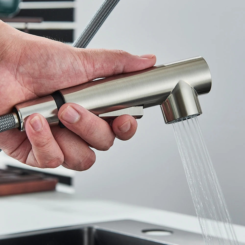 Architectural Pull-Out Kitchen Mixer · Brushed Steel — Origin Series · Form 03