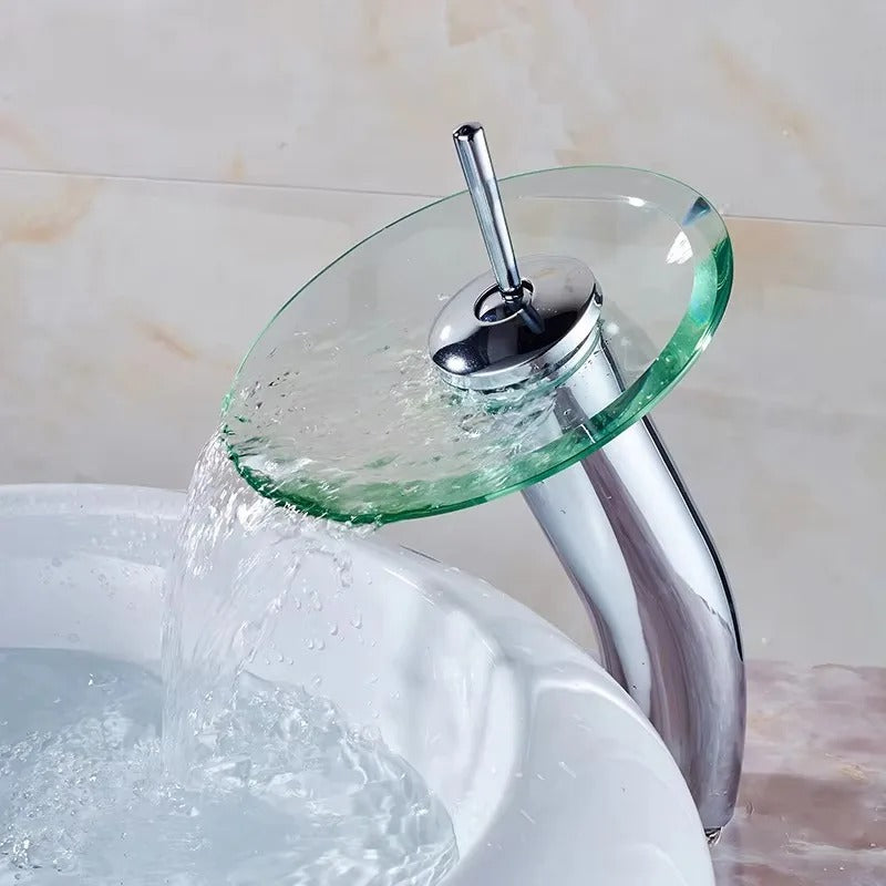 Glass Disc Waterfall Basin Mixer · Polished Chrome — Origin Series · Form 10