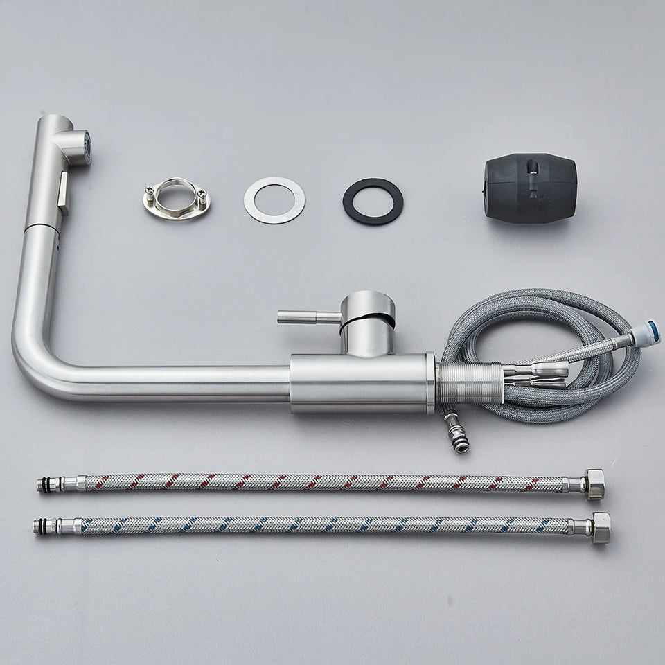 Architectural Pull-Out Kitchen Mixer · Brushed Steel — Origin Series · Form 03