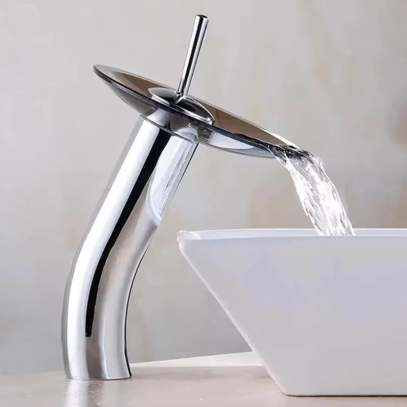 Glass Disc Waterfall Basin Mixer · Polished Chrome — Origin Series · Form 10